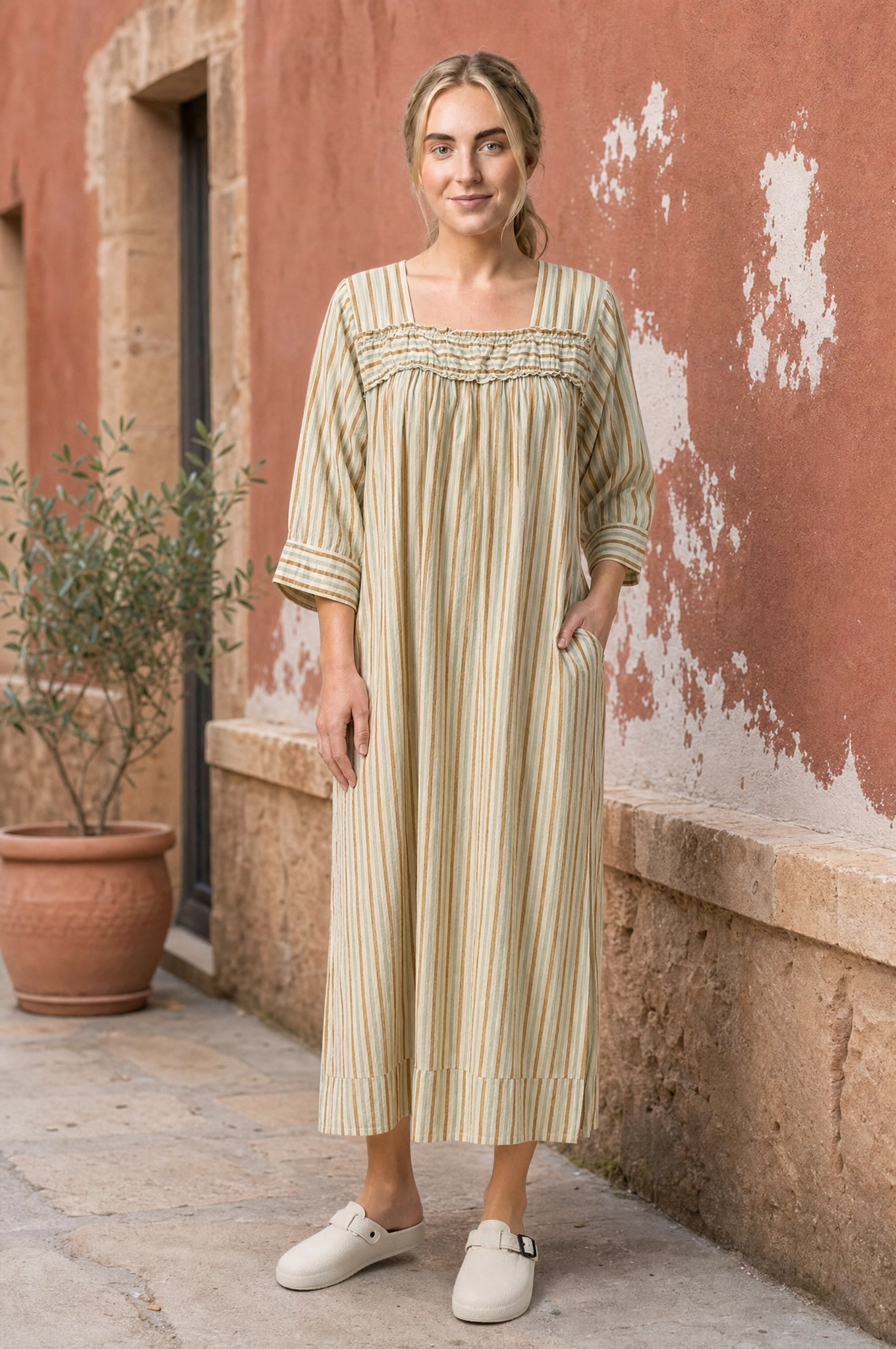 ISLA hand block printed - Soft Green and Tan Stripe