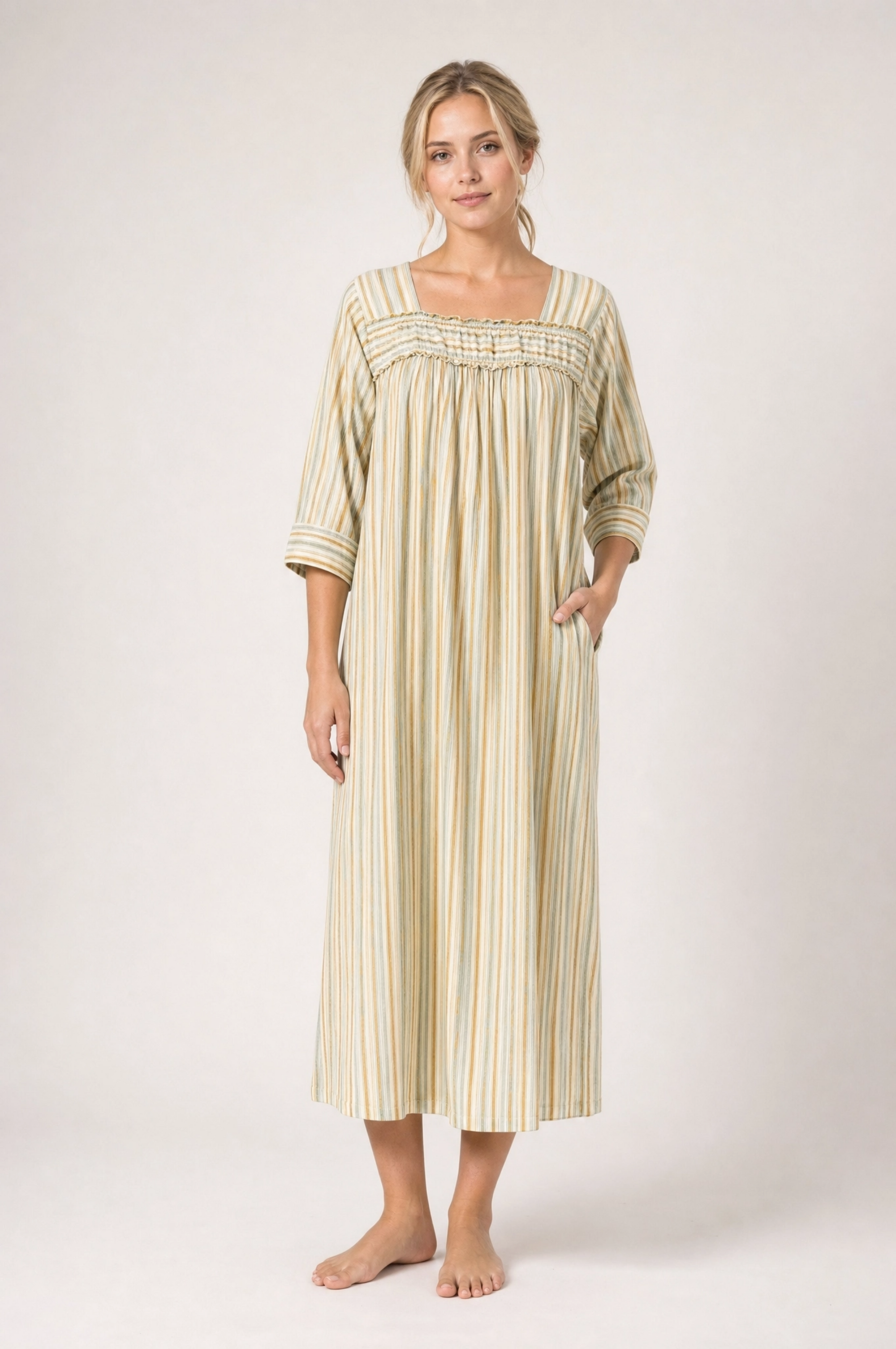ISLA hand block printed - Soft Green and Tan Stripe