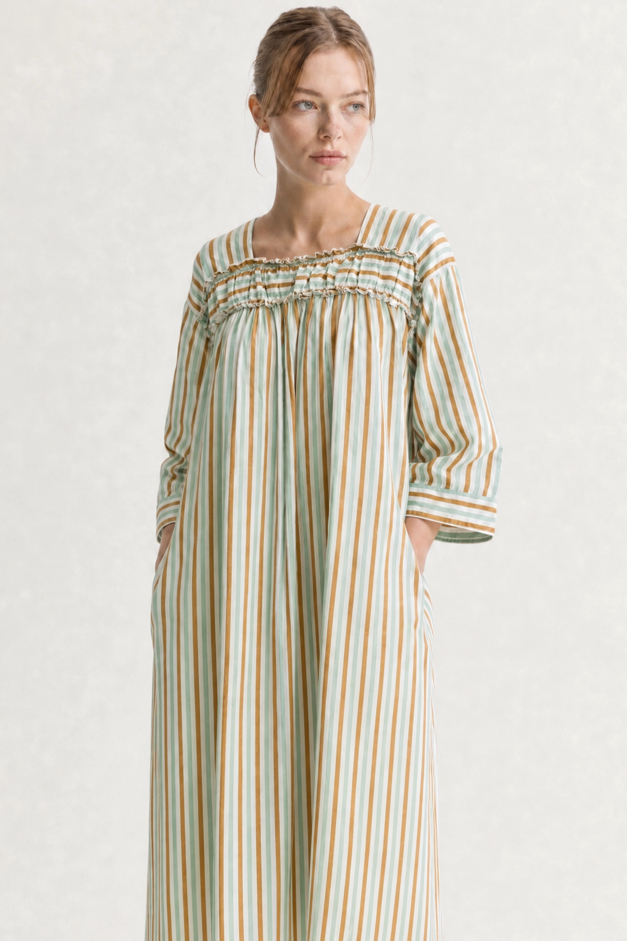 ISLA hand block printed - Soft Green and Tan Stripe