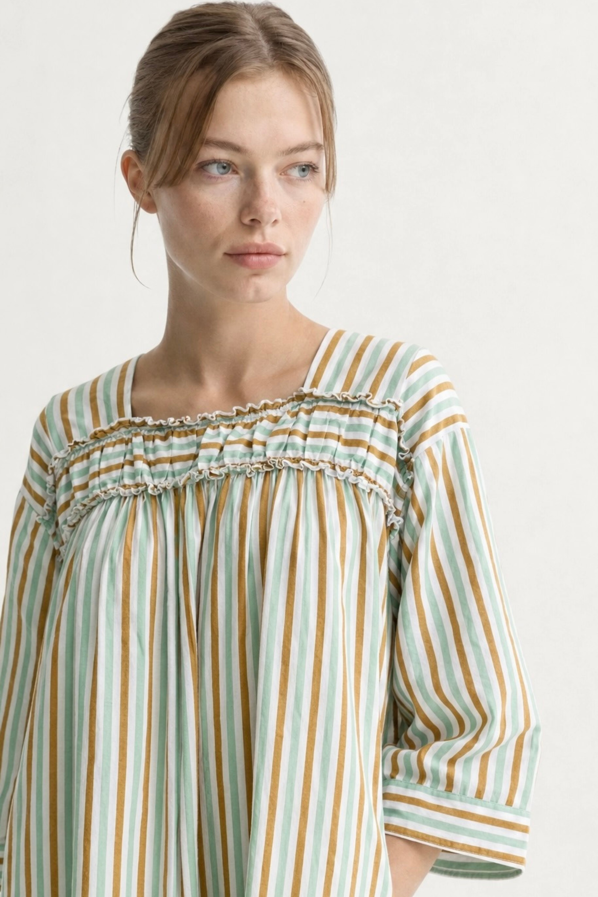 ISLA hand block printed - Soft Green and Tan Stripe