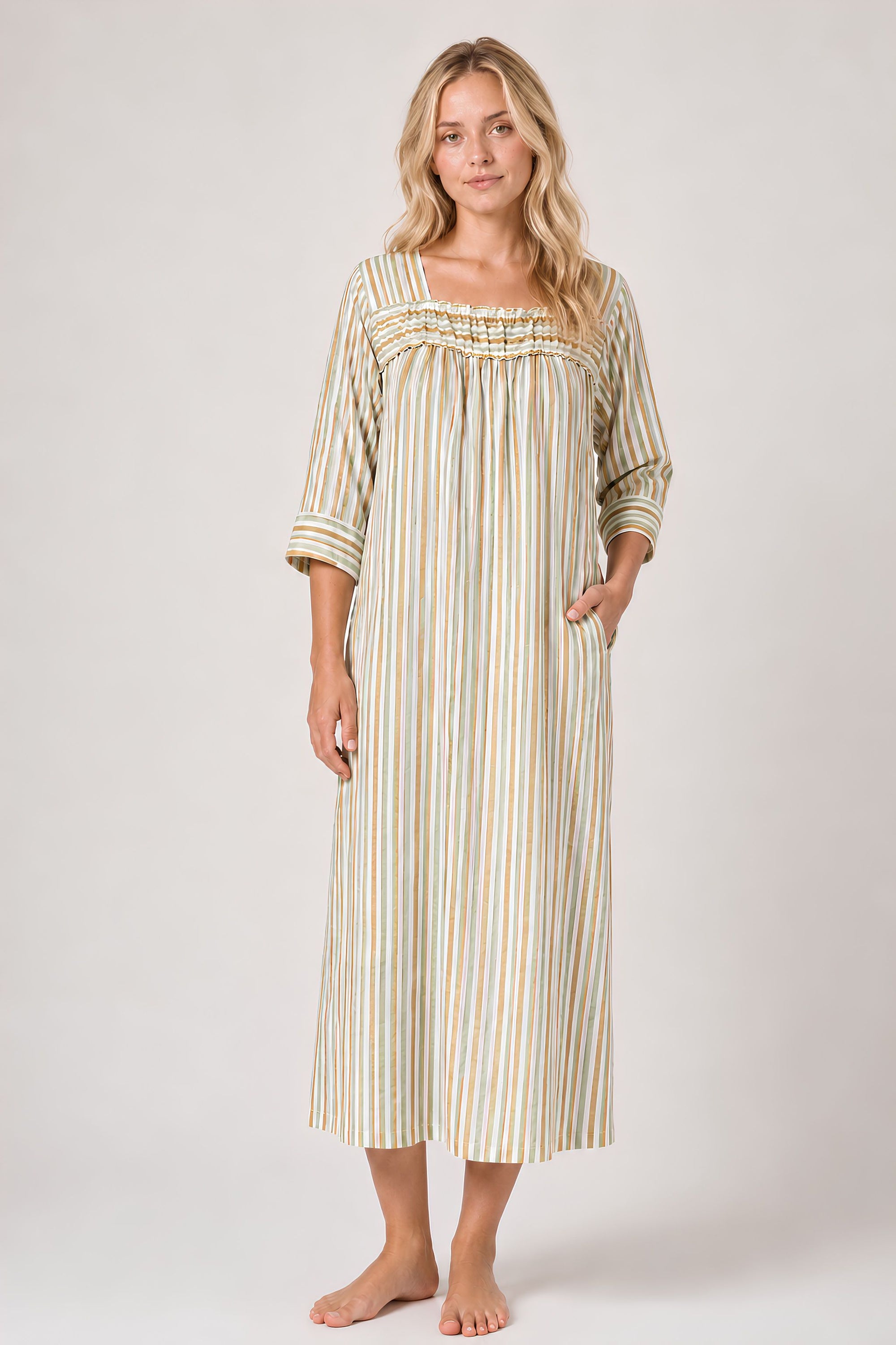 ISLA hand block printed - Soft Green and Tan Stripe
