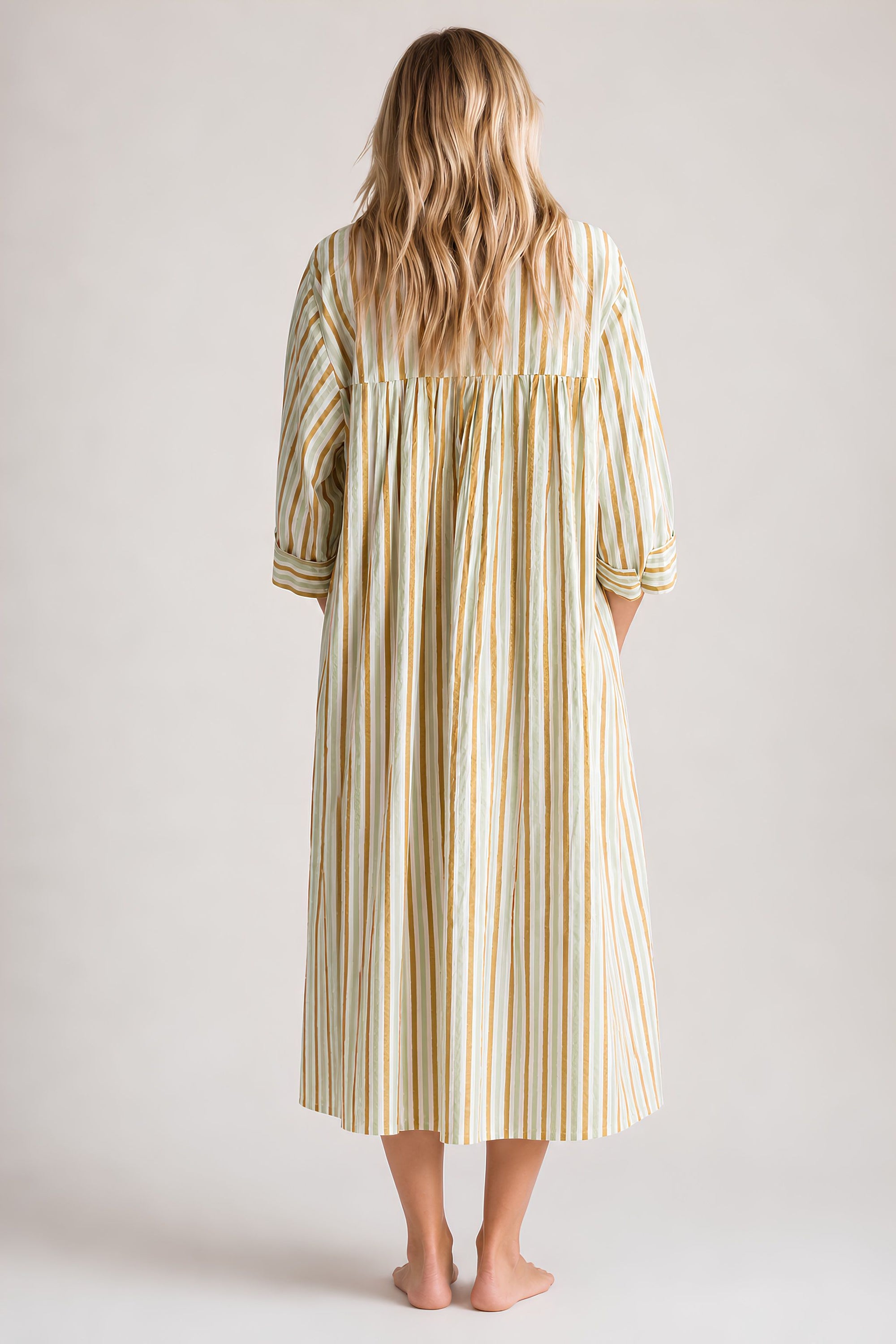 ISLA hand block printed - Soft Green and Tan Stripe