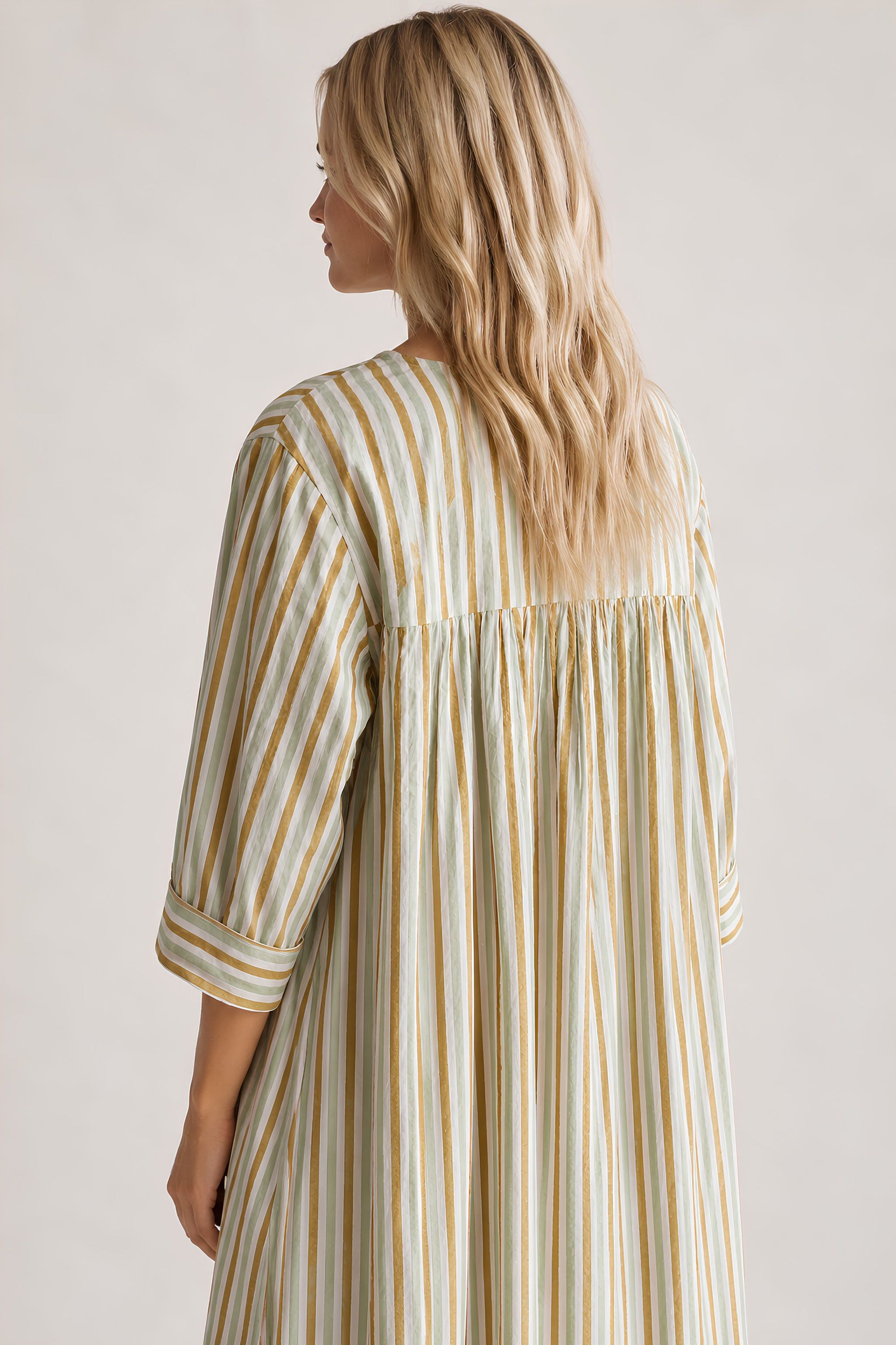 ISLA hand block printed - Soft Green and Tan Stripe